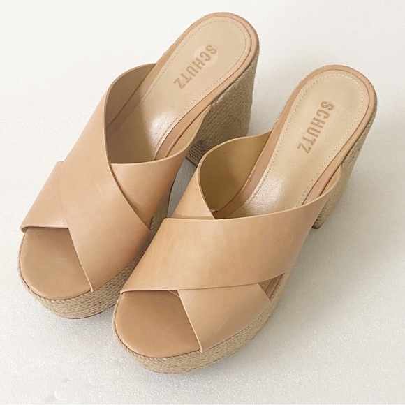 NEW SCHUTZ Tan Leather Jute Wrapped Platform Espadrille Sandals - Picture 6 of 13